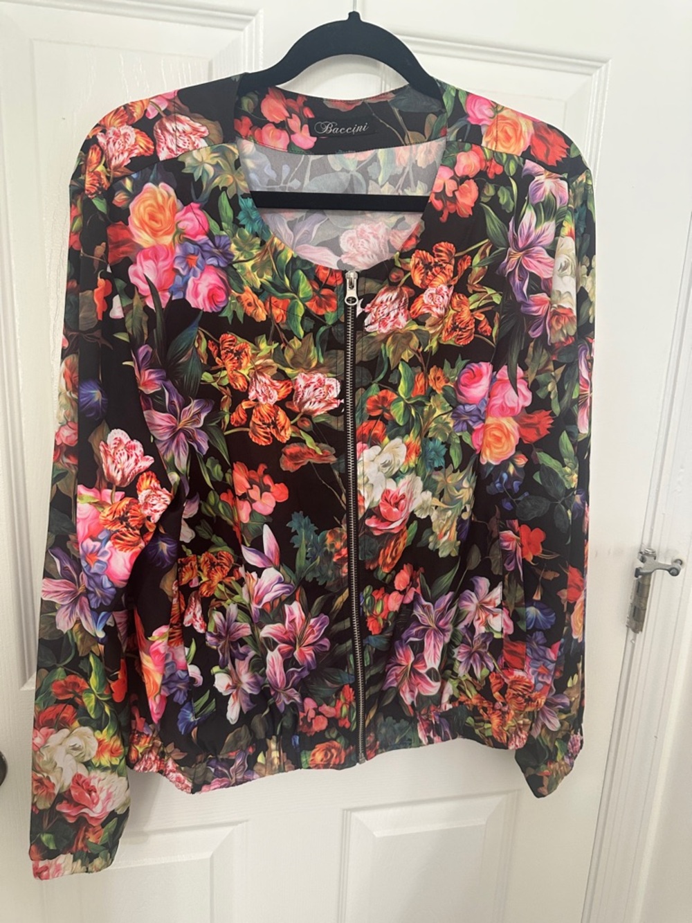 Baccini Black Floral Zip Bomber Jacket